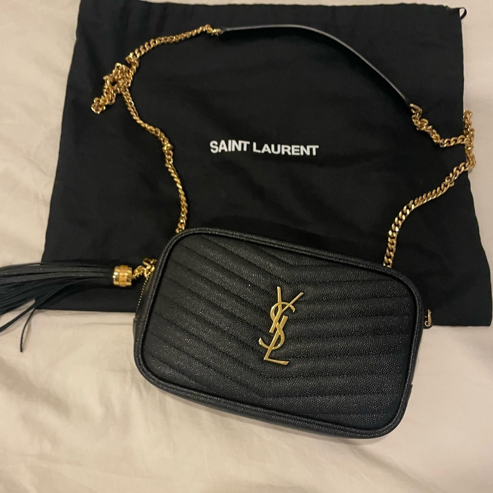 YSL Lou Mini Camera Bag grain leather and gold chain